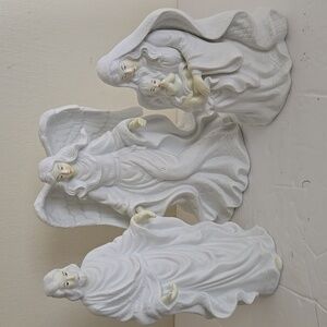 Three Piece Mary With Baby Jesus Joseph And Angel White Bisque Nativity